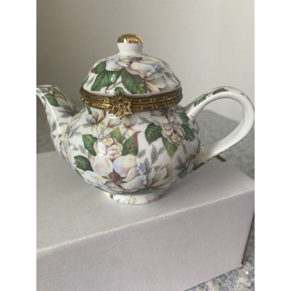 VTG Formalities Baum Bros teapot Magnolia Chintz  Porcelain hinged trinket box